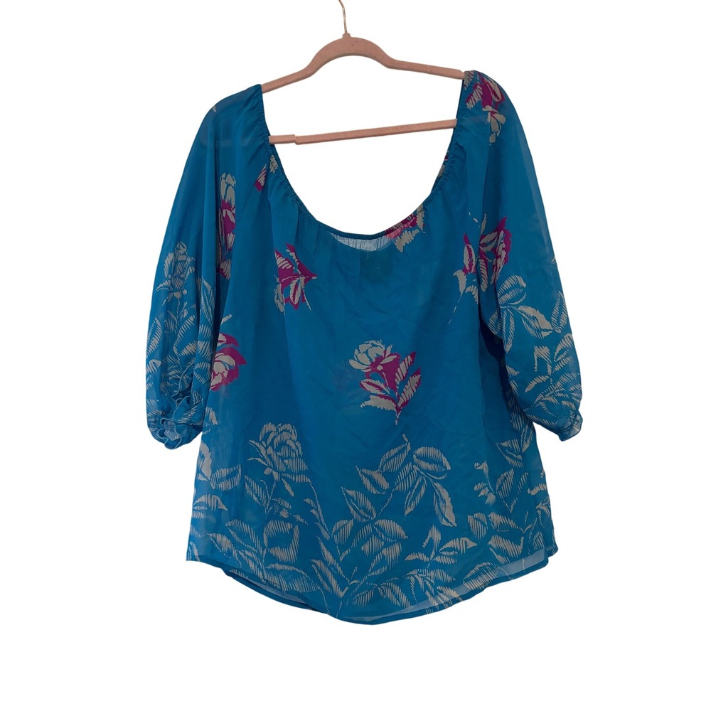 Fei Anthropologie sz M blue boho 3/4 balloon‎ sleeve silk floral blouse I